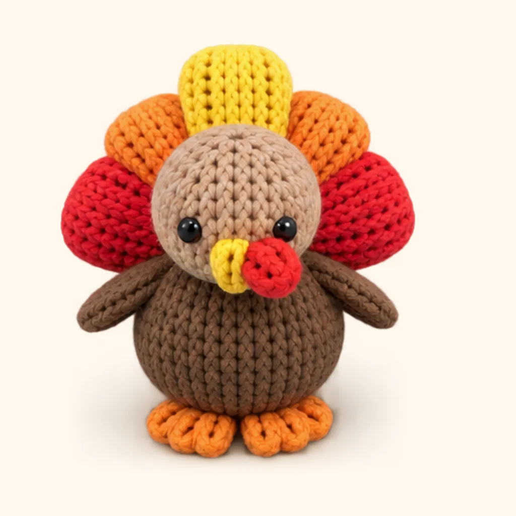 Turkey crochet assembly: attach the red tail feathers