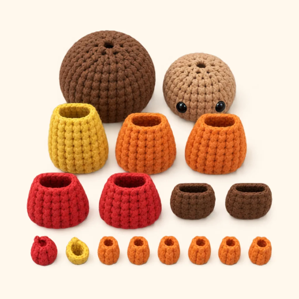 All the crocheted pieces of the Turkey amigurumi, laid out